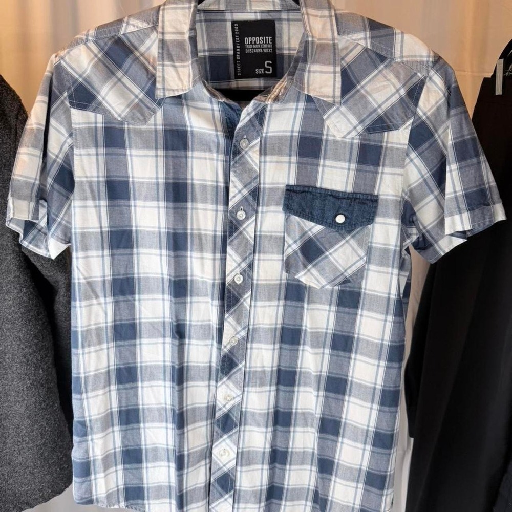 Opposite Brand Men's Blue White Plaid Western Snap Button Shirt Size S (P2P 20")